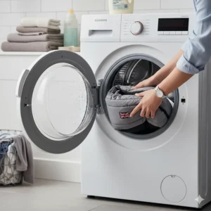 A person loading a grey, foldable travel dog bed into a front-loading washing machine in a modern UK utility room.