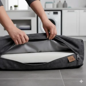 A person zipping off the removable, machine-washable cover of a waterproof dog bed for easy cleaning and maintenance.