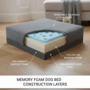 A cross-section illustration revealing the internal construction and high-density foam layers of a premium memory foam dog bed.