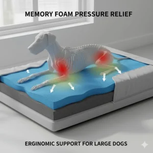 Alt text for image 8: A small Great Dane puppy curled up on a giant grey dog bed, illustrating the room to grow into adult size.