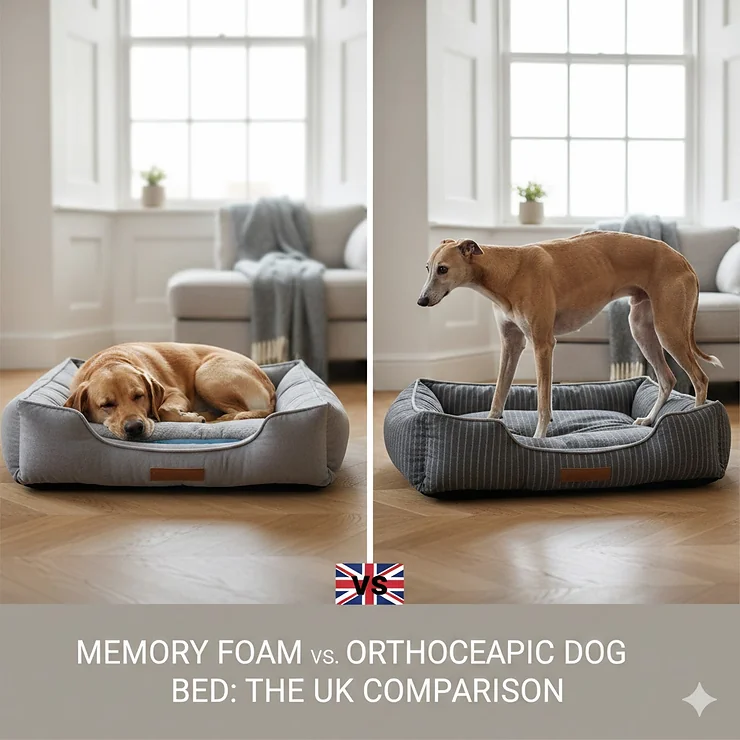 A side-by-side comparison of a memory foam dog bed and a firm orthopaedic dog bed with a Labrador resting comfortably in a modern British living room. memory foam vs orthopaedic dog bed