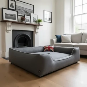 Alt text for image 6: A grey Great Dane sleeping soundly with its head resting on the bolster edge of a comfortable extra large dog bed.