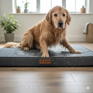 A wet dog drying off on a moisture-wicking waterproof bed, preventing dampness from reaching the inner cushion.