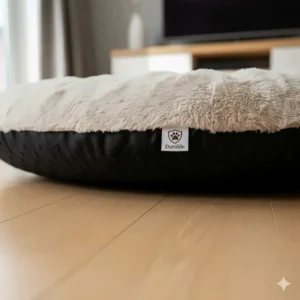 Close-up of the waterproof, non-slip base of a calming dog bed on a light oak wooden floor in a UK home.