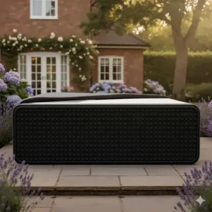 The underside of a waterproof dog bed showing the non-slip rubber grip for use on garden decking.