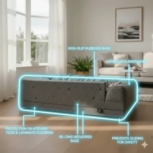 Close-up of a rubberised non-slip base preventing the bed from sliding on kitchen tiles or laminate flooring.