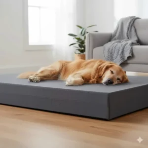 Close-up view of a dog bed's non-slip rubberised base ensuring stability on polished British floorboards and kitchen tiles.