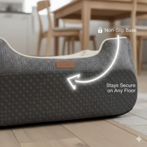 Close-up of the non-slip rubberised base on a dog bed to prevent sliding on hardwood floors or kitchen tiles for added safety.