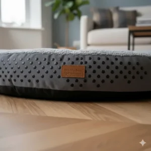 View of the anti-slip waterproof base of a heated dog bed, suitable for tiled or laminate flooring.