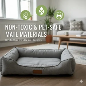 Graphic highlighting the use of non-toxic, pet-safe materials in a dog bed for heavy chewers.