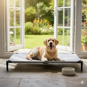 A Labrador panting comfortably on a flat open bed positioned near a garden door to stay cool during a British summer.