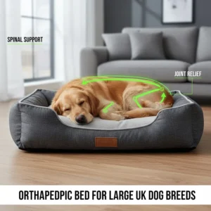 An illustration of a large breed dog, such as a Golden Retriever or Greyhound, well-supported on a thick orthopaedic mattress.