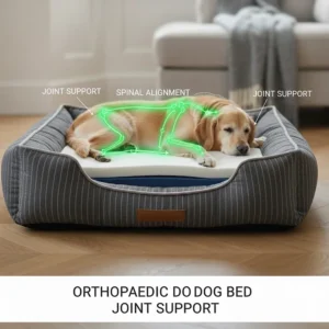A detailed diagram of an orthopaedic dog bed mattress providing optimal spinal alignment and joint support for a senior dog.