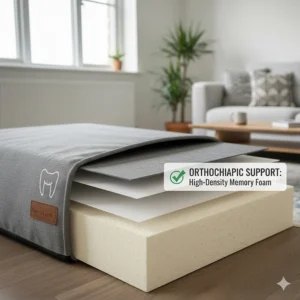 Illustration of high-density orthopaedic foam inside a bite-resistant outer cover for joint support.