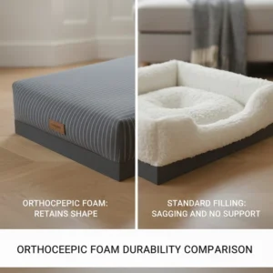 A comparison showing the long-term durability of orthopaedic foam versus the sagging common in standard fibre-filled dog beds.
