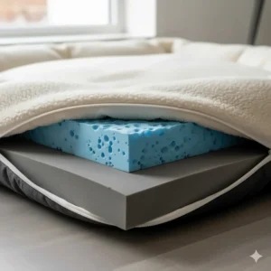 Alt text for image 2: A Great Dane standing next to a grey extra large dog bed with a UK size guide showing dimensions in centimetres and inches.