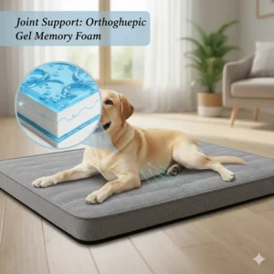An older dog resting comfortably on an orthopaedic gel-infused memory foam bed designed to soothe aching joints and stay cool.
