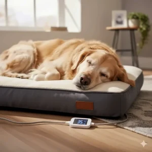 An older dog resting on an orthopaedic heated bed to provide soothing warmth for stiff joints and arthritis.