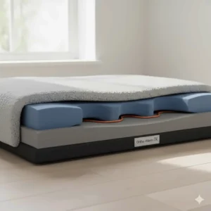 Illustration showing the internal layers of an orthopaedic memory foam dog bed with an integrated heating element.