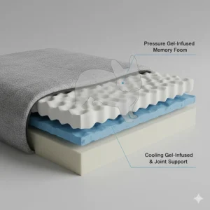 Close-up technical illustration of memory foam layers in a dog bed for French Bulldogs with joint support.