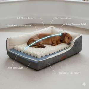 Technical diagram of multi-layered memory foam providing pressure relief for a Dachshund's spine, featuring a firm base and convoluted foam layers.