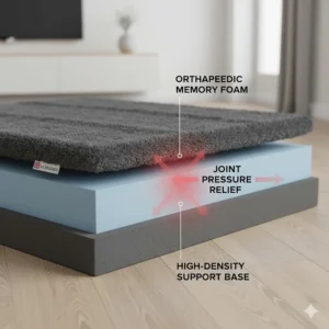 A photorealistic view of a dog bed's thick memory foam base, highlighting the orthopaedic support for a dog's joints in a modern UK home setting.