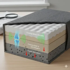 Detailed diagram showing the internal layers of orthopaedic memory foam designed to provide joint pressure relief for senior dogs.