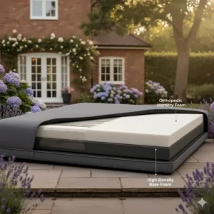 A cross-section illustration showing the memory foam layers of a supportive orthopaedic outdoor dog bed.