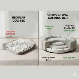 Detailed illustration showing the orthopaedic foam support of a calming bed compared to a thin regular dog bed.