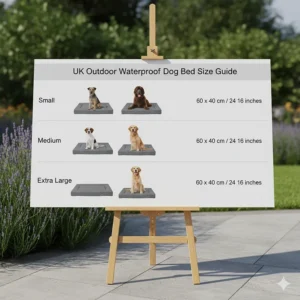 A size guide for outdoor waterproof dog beds ranging from small terriers to extra-large labradors.