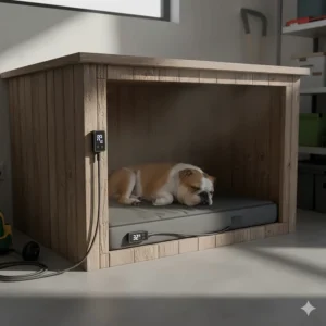 A waterproof heated dog pad suitable for use in a sheltered outdoor kennel or garage during a UK winter.