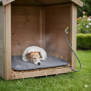 A heavy-duty, waterproof heated dog pad used inside a wooden garden kennel to keep pets warm.
