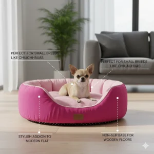 A vibrant pink small dog bed for Chihuahua breeds featuring a non-slip base suitable for wooden floors.