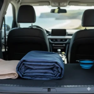 A portable dog cooling pad folded in the boot of a car, ready for a summer trip to the British seaside.