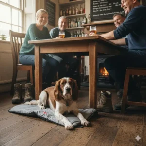 A Spaniel lying on a lightweight travel mat under a wooden table in a traditional British pub with a roaring fireplace.