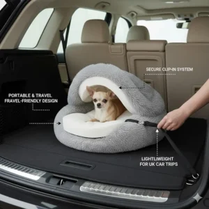 A travel-friendly small dog bed for Chihuahua car trips, shown secured in the boot of a UK SUV with a clip-in system.