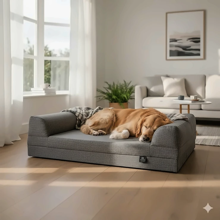A Labrador recovering on a grey orthopaedic post-surgery dog bed in a modern British living room. post surgery dog bed