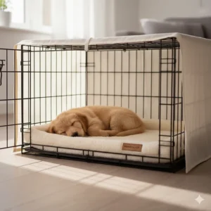 A young puppy sleeping safely on a cordless self-warming crate mat, ideal for chewers and crate training.