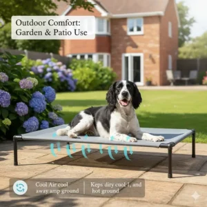 An elevated dog bed placed on a garden patio, keeping a pet off the hot paving stones and away from damp grass.