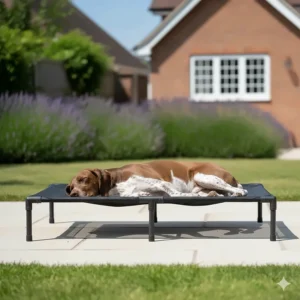 An elevated breathable mesh dog bed providing airflow to keep pets cool during a UK heatwave.