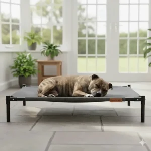 Illustration of an elevated dog bed for chewers with a chew-resistant aluminium frame.