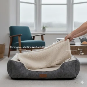 A person removing the machine-washable fleece cover from a Dachshund bed, demonstrating easy cleaning for muddy paws after a rainy walk.