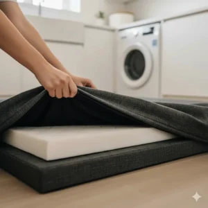 Demonstration of a removable and machine-washable dog bed cover highlighting ease of hygiene for senior pet owners.