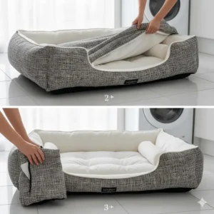 Diagram showing how to remove the machine-washable designer cover from a luxury bolster dog bed.