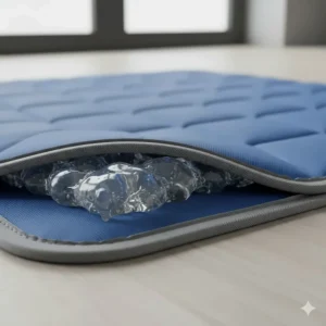 Close-up of a non-toxic self-cooling gel mat for dogs, showing the durable blue fabric.