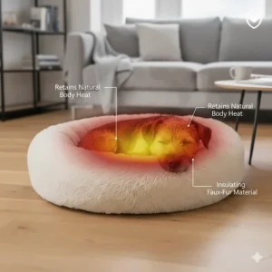 Graphic showing how the deep crevices and plush material of a calming bed retain a dog's natural body heat.