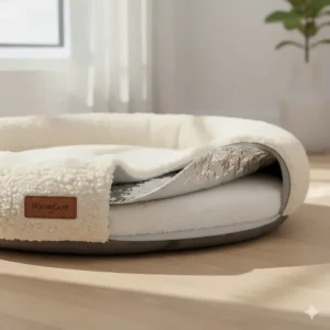 A cross-section illustration showing the heat-reflective foil layer inside a self-warming dog bed.