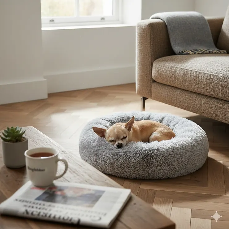 A small tan Chihuahua curling up in a plush, grey faux-fur dog bed inside a modern British living room with a cup of tea on the table. small dog bed for Chihuahua