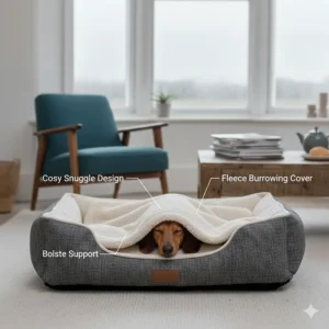 A cosy Dachshund burrowing under a soft fleece cover in a snuggle-style bed, designed for warmth and security in the British climate.