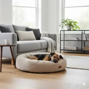 A neutral-toned calming dog bed designed to complement contemporary British home interiors and furniture.